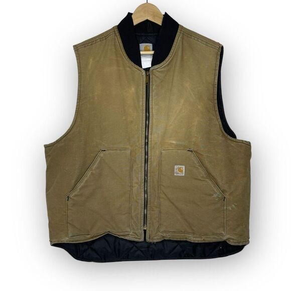 Carhartt Vest Tan Quilted Liner Zippered Front Thrashed Vintage Men’s Size XL - Picture 1 of 11